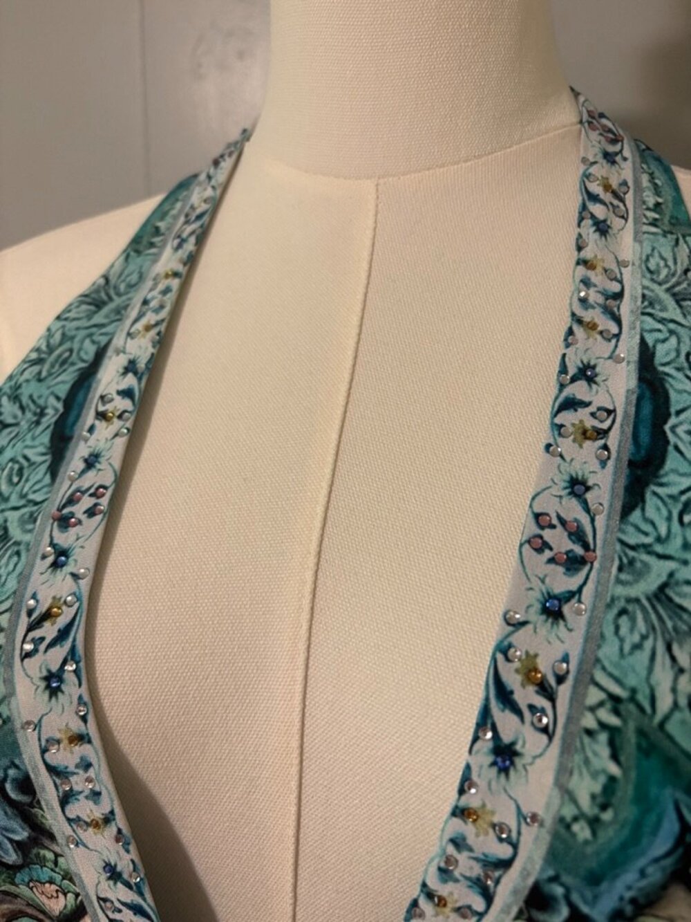 CAMILLA Turn on the Charm Blue Silk Tie Neck Halter Wide Leg Jumpsuit Crystal XS - Picture 5 of 16